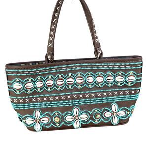 Isabella Fiore | Vintage Y2K Brown Leather Beaded & Cowrie Shell Tote Bag